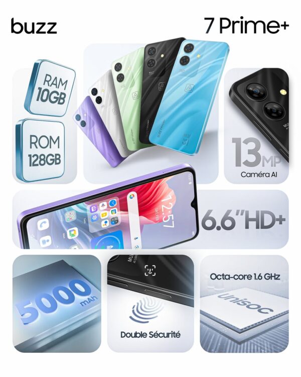 هاتف Ace Buzz 7 Prime Plus – شاشة 6.6" HD+، معالج UNISOC T606، 12 جيجابايت رام، 256 جيجابايت تخزين، كاميرا 50 ميجابكسل، بطارية 5000 مللي أمبير، أندرويد 13