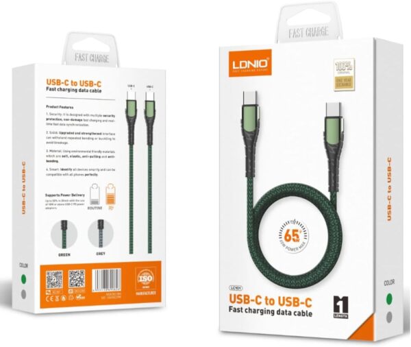 ⁦كابل LDNIO LC101 USB-C إلى USB-C – شحن سريع + نقل بيانات + تصميم متين⁩ - الصورة ⁦5⁩